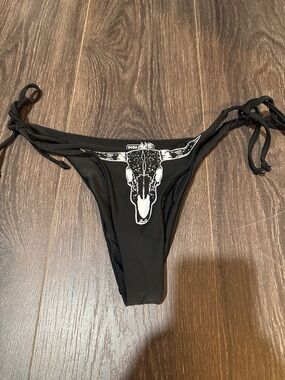 Black Tie-Side Bikini Bottom with White Skull Graphic
